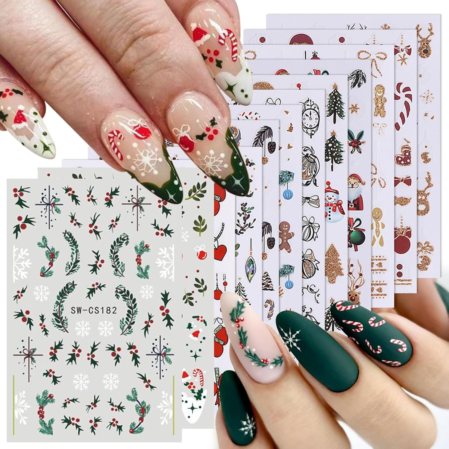 Glitter Christmas Nail Art Stickers 12 Sheets Sparkles Winter Nail Decals 3D Self Adhesive Nail Supplies DIY Santa Claus Gingerbread Man Snowflake Xmas Manicure Decoration DIY Supplies for Women Girl-Velvo Beauty