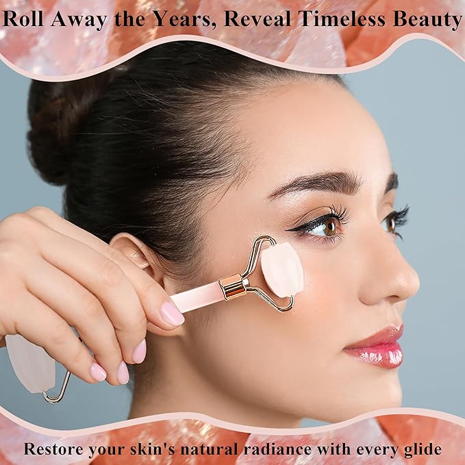 Natural Jade Roller for Face - Aging Wrinkles, Puffiness Facial Skin Massager Treatment Therapy - Premium Jade Stone, by Crystal Lemon (Rose Quartz)-Velvo Beauty