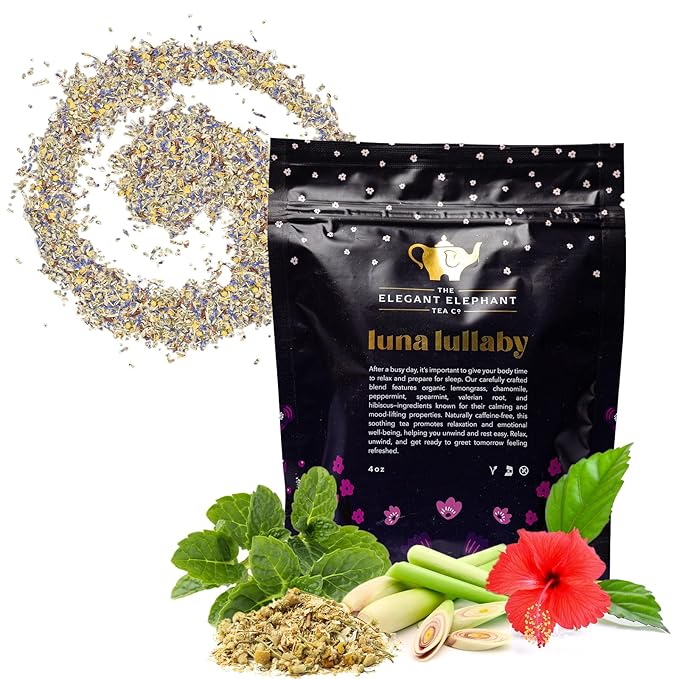 Luna Lullaby Sleep Tea, Organic Loose Leaf Herbal Tea – Calming, Relaxing Bedtime Tea – Chamomile, Valerian Root, Peppermint – 4 oz Resealable Bag (Makes 50 Cups) – The Elegant Elephant-Velvo Beauty