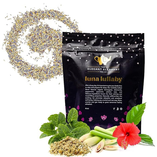 Luna Lullaby Sleep Tea, Organic Loose Leaf Herbal Tea – Calming, Relaxing Bedtime Tea – Chamomile, Valerian Root, Peppermint – 4 oz Resealable Bag (Makes 50 Cups) – The Elegant Elephant-Velvo Beauty