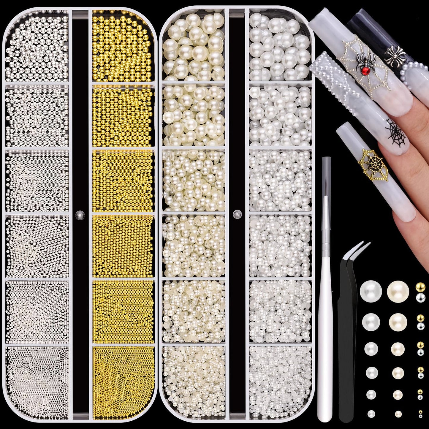 2 Boxes Flatback Pearls (White+Beige) And Metal Nail Beads (Silver+Gold) For Nail Art, Luxurious Pearl Nail Charms and Gems and Small Round Caviar Beads Nail Accessories For Acrylic Nail Tips Manicure-Velvo Beauty