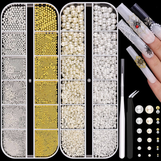2 Boxes Flatback Pearls (White+Beige) And Metal Nail Beads (Silver+Gold) For Nail Art, Luxurious Pearl Nail Charms and Gems and Small Round Caviar Beads Nail Accessories For Acrylic Nail Tips Manicure-Velvo Beauty