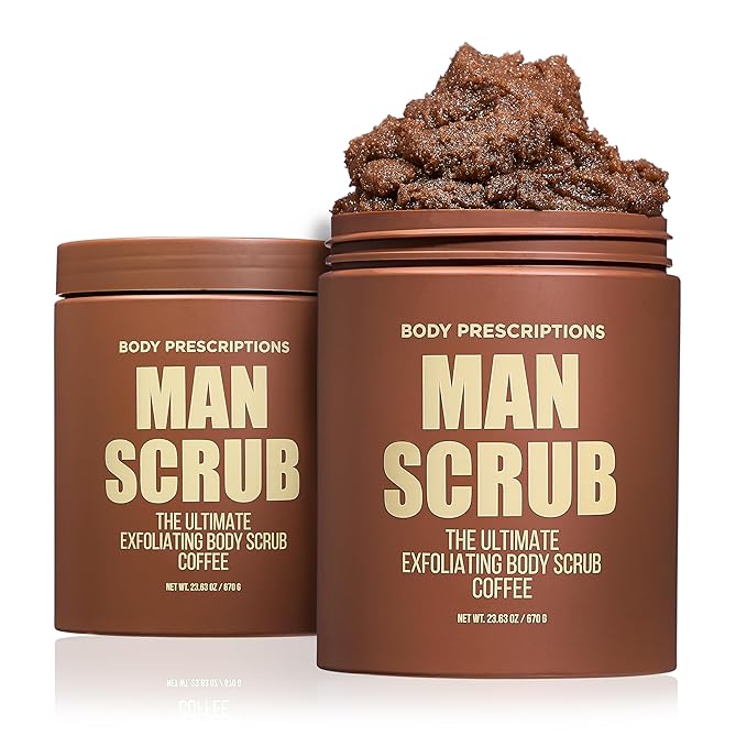 Body Prescriptions Men’s Exfoliating Body Scrub – Ultimate Skin Cleansing Wash in Jar with Twist-Top Lid, For All Skin Types, 21 Ounce (Pack of 2), Coffee-Velvo Beauty