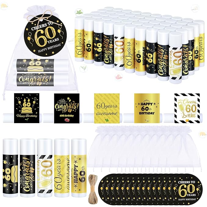 50 Sets 60th Birthday Favors Lip Balm Gifts Bulk Moisturizing Lip Balm with 50 Organza Drawstring Gift Bag 50 Tags 60th Birthday Party Supplies Gifts Bulk for Men and Woman-Velvo Beauty