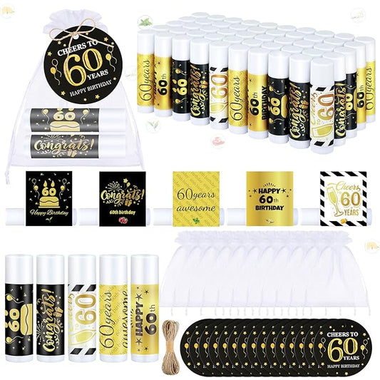50 Sets 60th Birthday Favors Lip Balm Gifts Bulk Moisturizing Lip Balm with 50 Organza Drawstring Gift Bag 50 Tags 60th Birthday Party Supplies Gifts Bulk for Men and Woman-Velvo Beauty