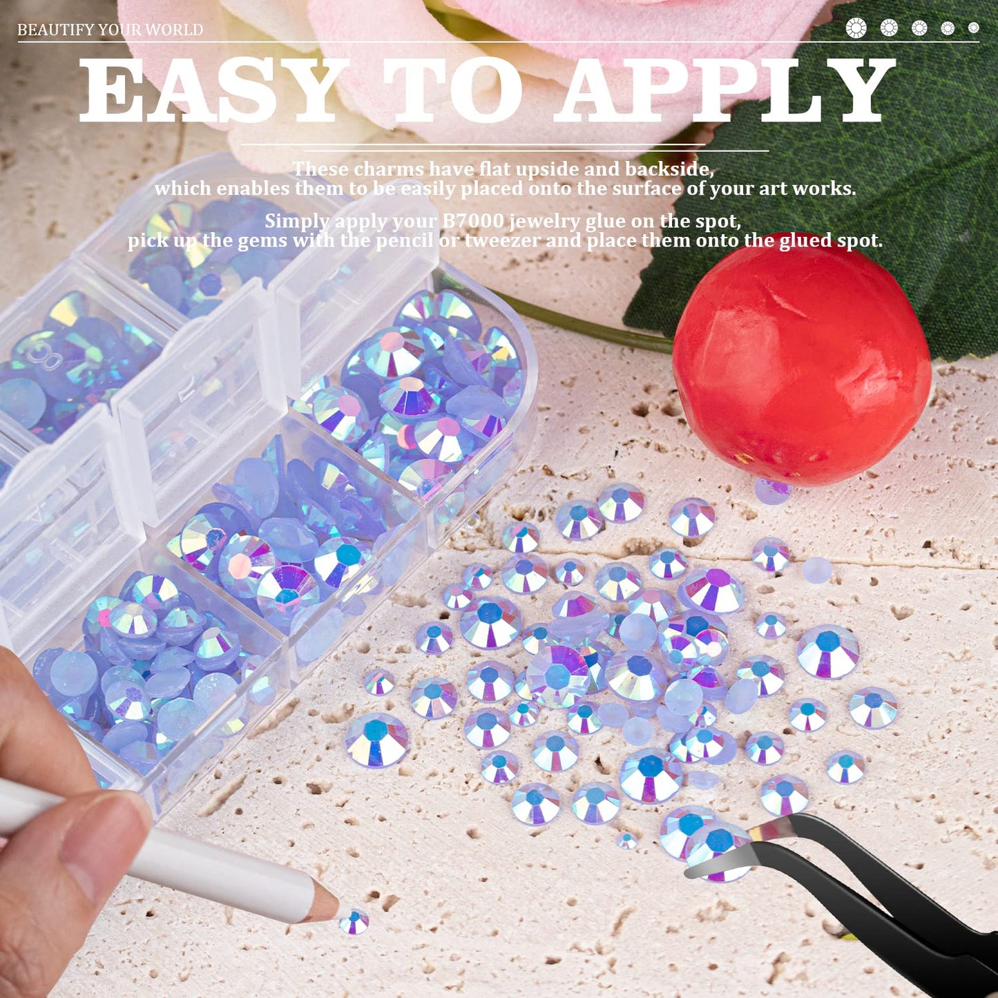 7000PCS Resin Rhinestones with Tweezers for Crafting, 2/3/4/5/6mm Flatback Jelly Rhinestones, 4 Box Sky Blue AB Non Hotfix Crystal Gems for DIY Crafts Mugs Tumblers Clothes Makeup Nail-Velvo Beauty