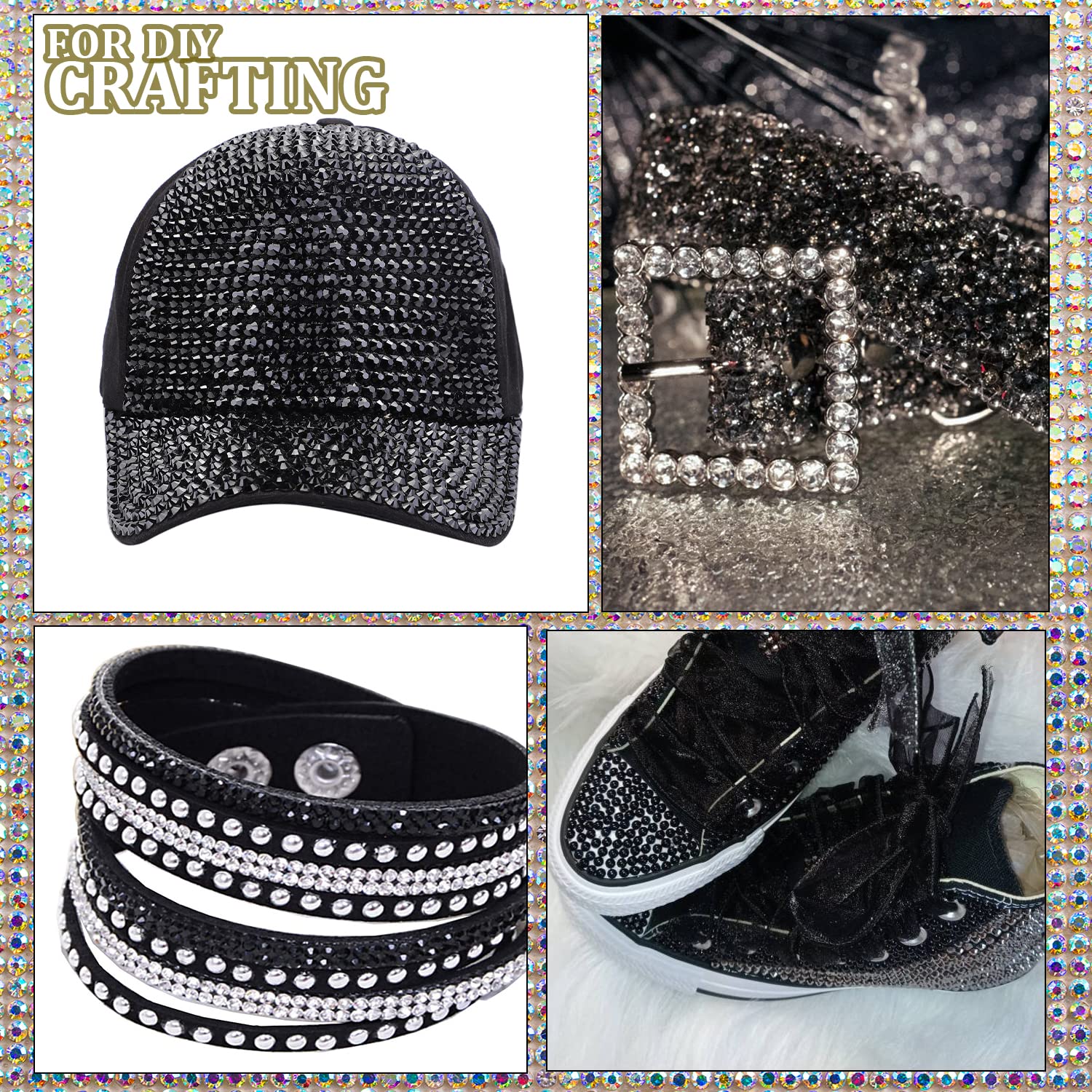 One Pack 2000 Pcs of Flatback Round Black Rhinestones 6 Sizes (1.5-6 mm) with Nail Art Rhinestone Picker Pencil and Tweezers for DIY and Salon Use-Velvo Beauty