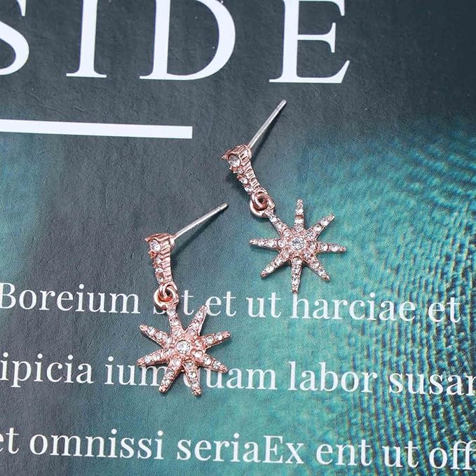 Boho Crystal Sunburst Earrings Rose Gold Star Drop Stud Earrings Cz Paved Starbust Earrings Celestial Earrings Jewelry for Women and Girls-Velvo Beauty