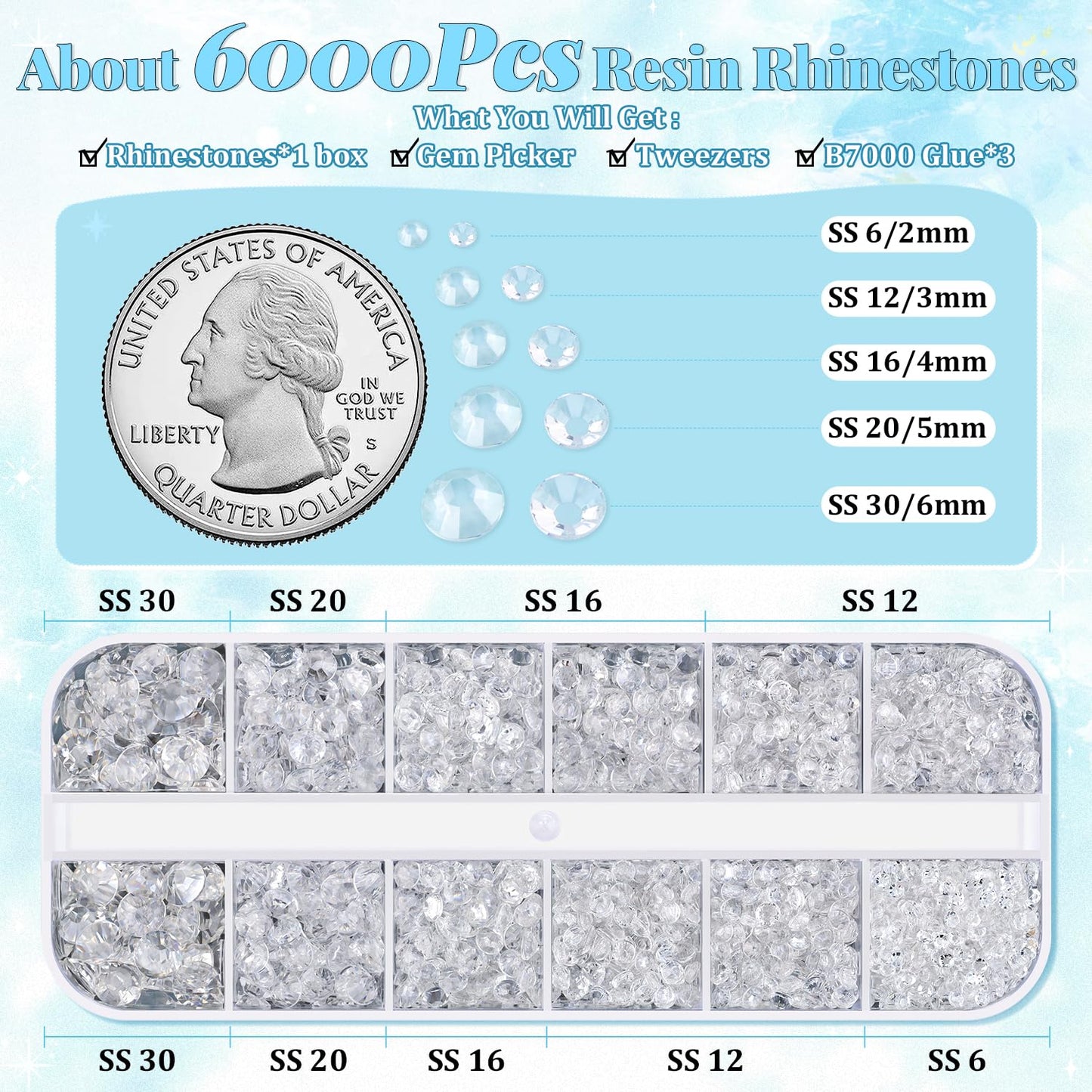 6000Pcs Resin Rhinestones for Bedazzling with 3Pcs B7000 Jewelry Glue, 1 Box Transparent Flatback Rhinestones for Crafting Crafts DIY, Crystals Gems for Clothing Shoes Tumblers Nail Art Makeup-Velvo Beauty