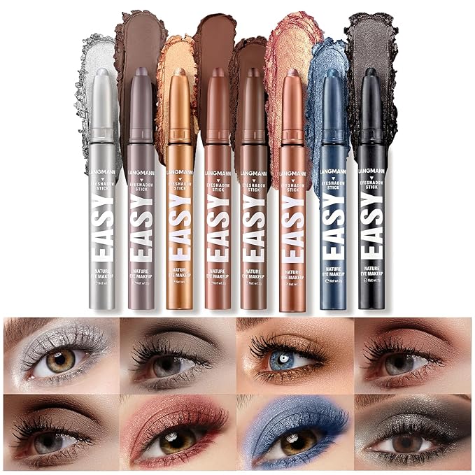 LANGMANNI Eyeshadow Stick,8 PCS Waterproof Multi-Color Eyeshadow Pen Set,Creamy Long-Lasting Eye Makeup Kit,Natural & Shimmer Shades Contour Stick,Perfect Gifts For Women (#F-8 Colors)-Velvo Beauty
