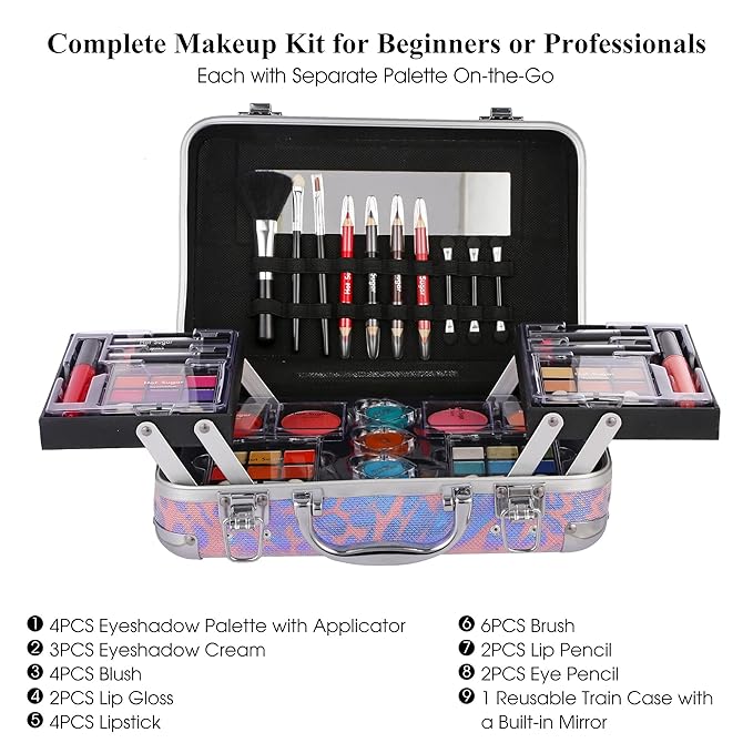Hot Sugar All In One Makeup Set for Adults and Girls - Full Makeup Kit for Beginners With Eye Shadow Palette, Blush, Lip Gloss, Brush, Mirror (Pink Leopard)-Velvo Beauty