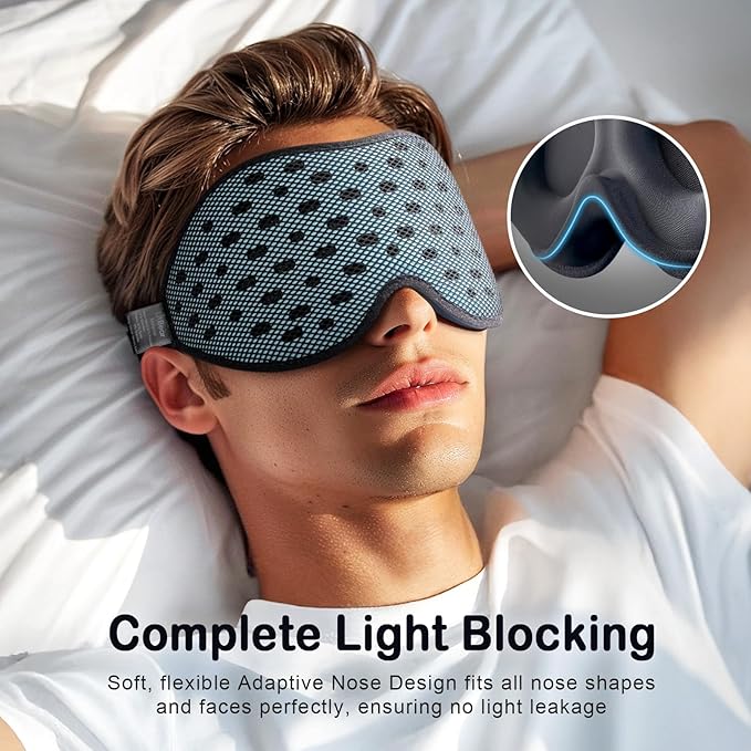 LitBear Breathable Sleep Mask, 3D Eye Mak Sleep for Side Sleepers Women Men, Light Blocking Sleeping Mask with Adjustable Strap, Soft Lightweight Eye Cover for Travel, Night Work, Nap -Ice Blue-Velvo Beauty