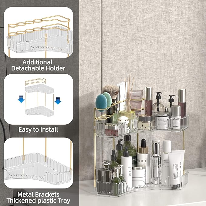 Makeup Organizer Countertop 2 Tier, Corner Bathroom Countertop Organizer with Toothbrush and Makeup Brush Holder, Corner Vanity Tray for Skincare Organization-Velvo Beauty