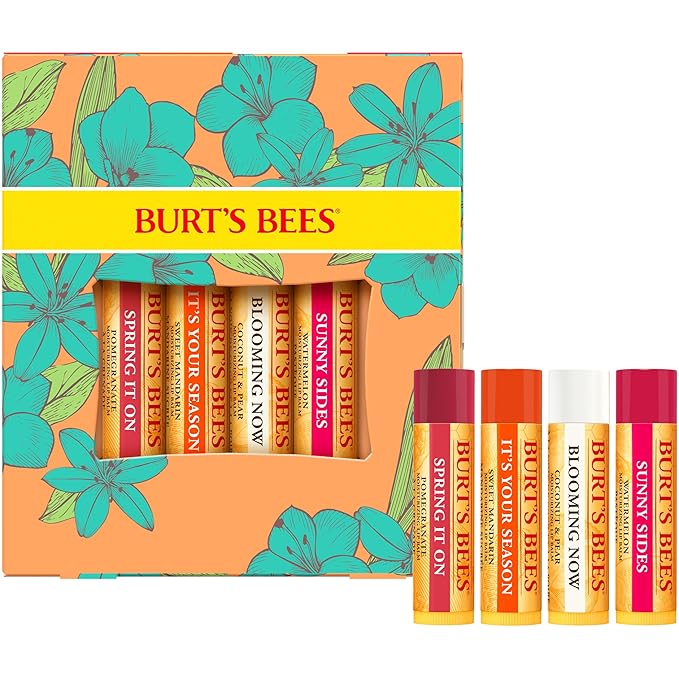 Burt's Bees Lip Balm Easter Basket Stuffers - Just Picked Gifts Set with Pomegranate, Watermelon, Sweet Mandarin, Coconut and Pear Natural Lip Treatment Tubes, 4, 0.15 oz.-Velvo Beauty