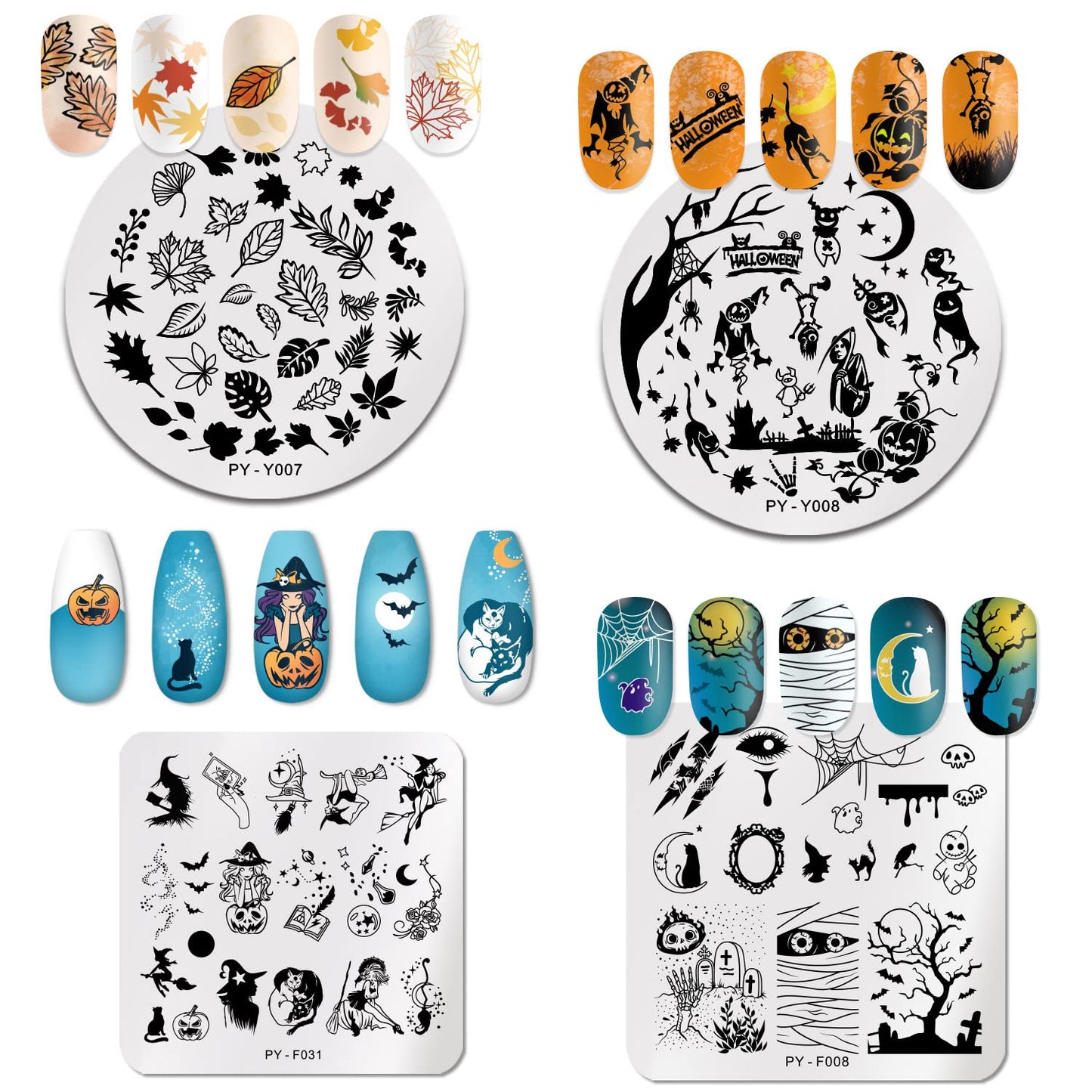 6Pcs Halloween Nail Stamping Plates Fall Maple Leaf Nail Stamper Template Kit Ghost Bat Skull Spider Web Design Nail Decorations Supplies-Velvo Beauty