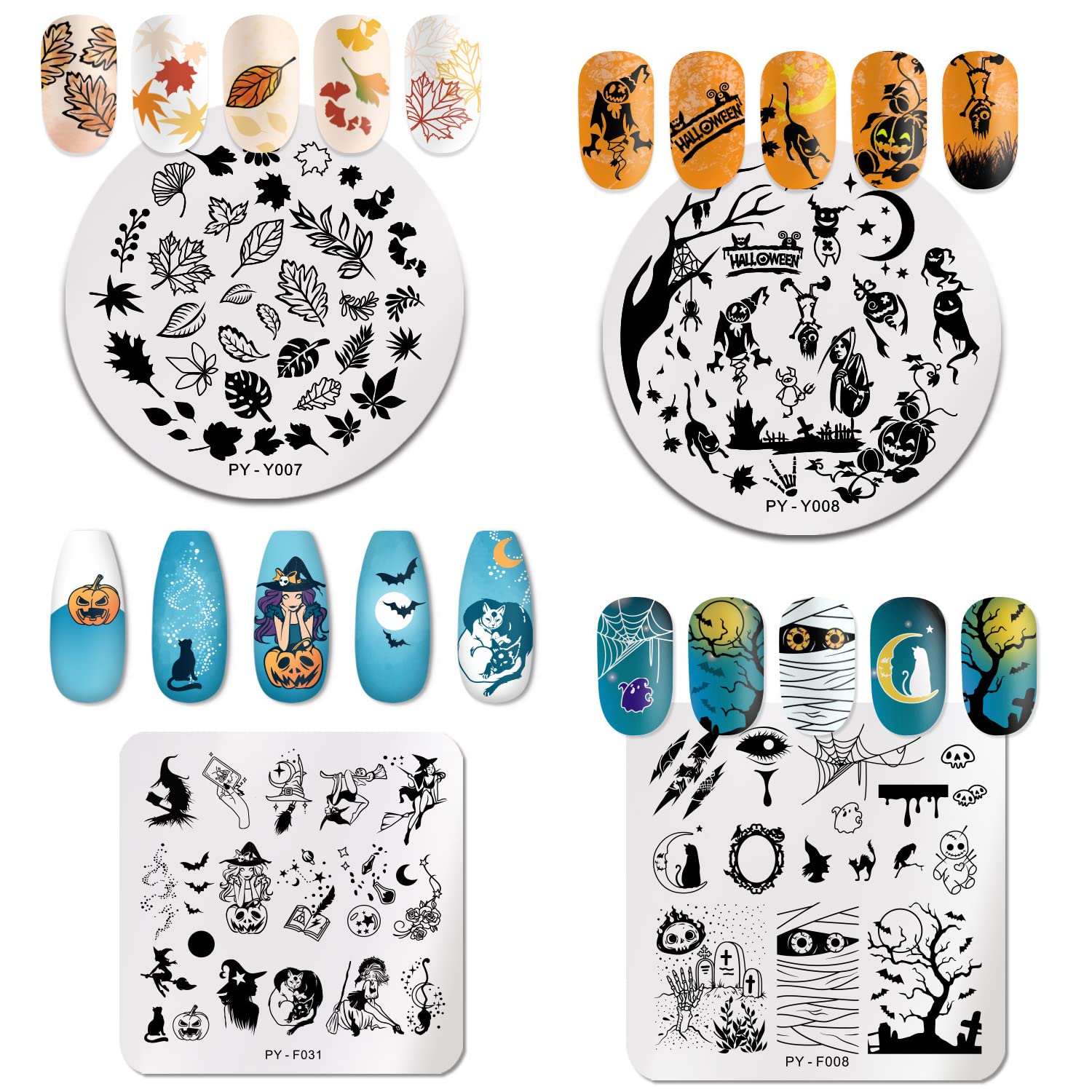 6Pcs Halloween Nail Stamping Plates Fall Maple Leaf Nail Stamper Template Kit Ghost Bat Skull Spider Web Design Nail Decorations Supplies-Velvo Beauty