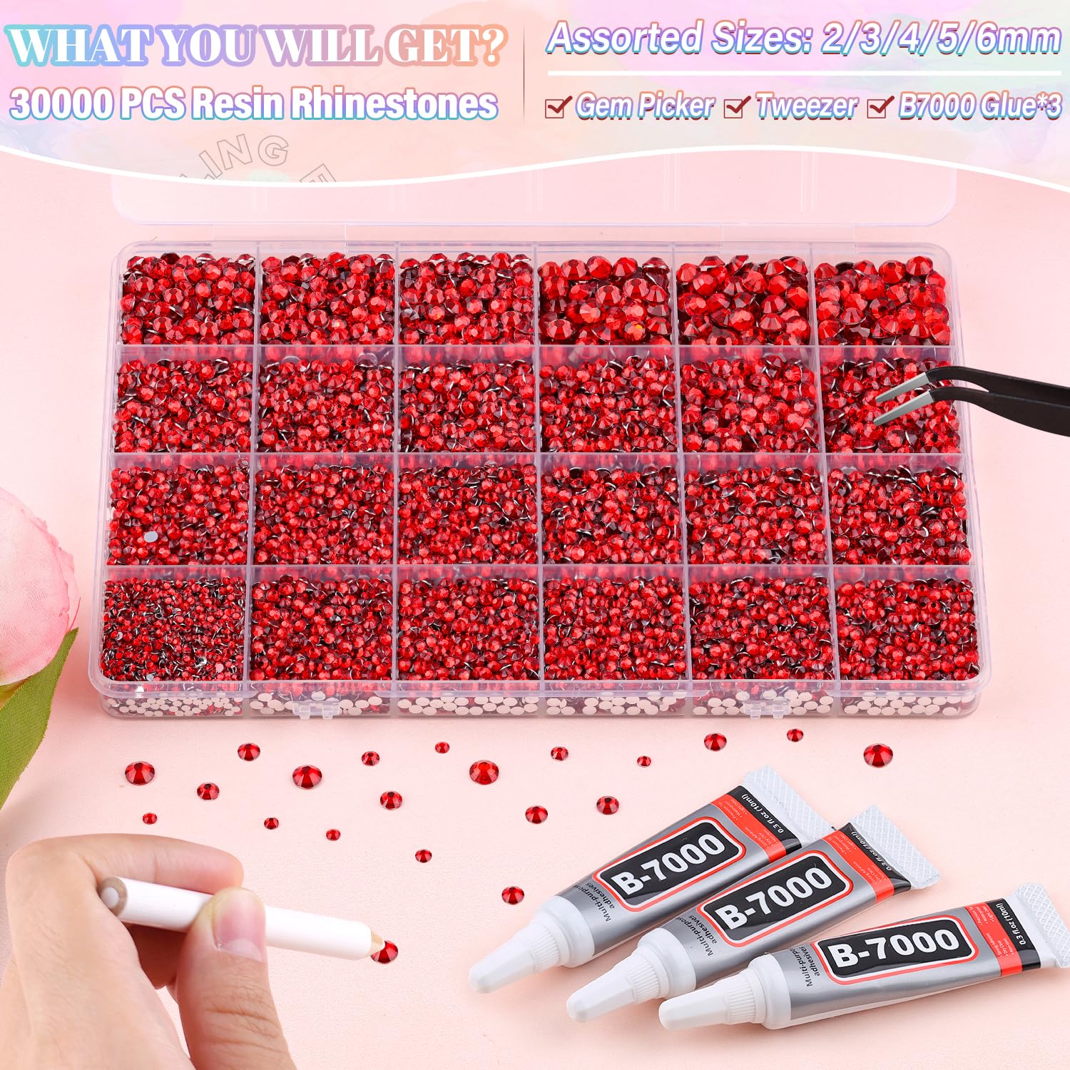 30000Pcs Resin Red Rhinestones for Bedazzling Crafting with b7000 Jewelry Glue, Bulk Flatback Gems Bedazzler Kit for Crafts Clothes Shoes Fabric Nail Diamond Art, Assorted Size 2/3/4/5/6mm-Velvo Beauty