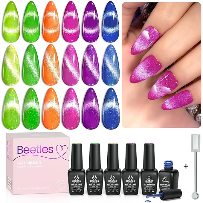 Beetles Cat Eye Gel Nail Polish Set, 6 Colors Summer Neon Holographic Glitter Gel Polish Kit Hot Pink Orange Purple Blue Green Magnetic Nail Polish Soak Off UV French Nail Art Gift for Women-Velvo Beauty
