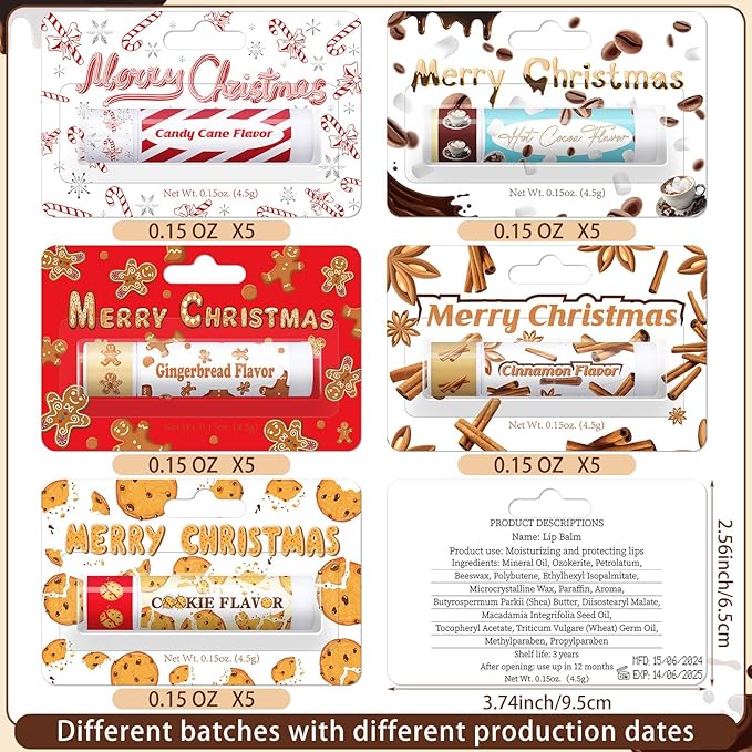 25 Pcs Christmas Lip Balms Stocking Goodie Bags Stuffers Bulk Xmas Gifts Candy Hot Cocoa Cookie Cinnamon Gingebread Biscuits Flavor 5 Style Holiday Treat Small Gifts Party Supplies-Velvo Beauty