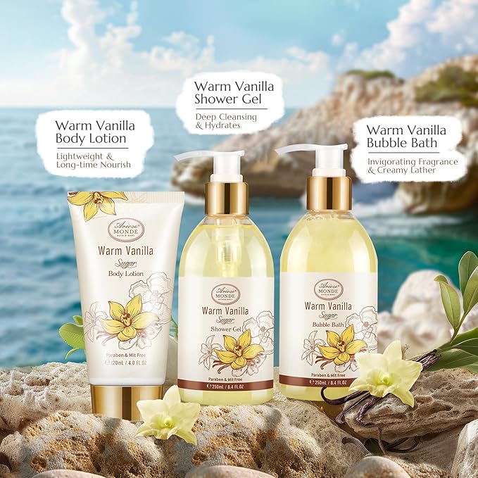 Bath and Body Warm Vanilla Sugar Spa Gifts for Women, with Shower Gel, Bubble Bath, Body Lotion, Bath Bomb, Bath Salt, Spa Basket Gift Set for Women, 7pcs Set Gifts-Velvo Beauty