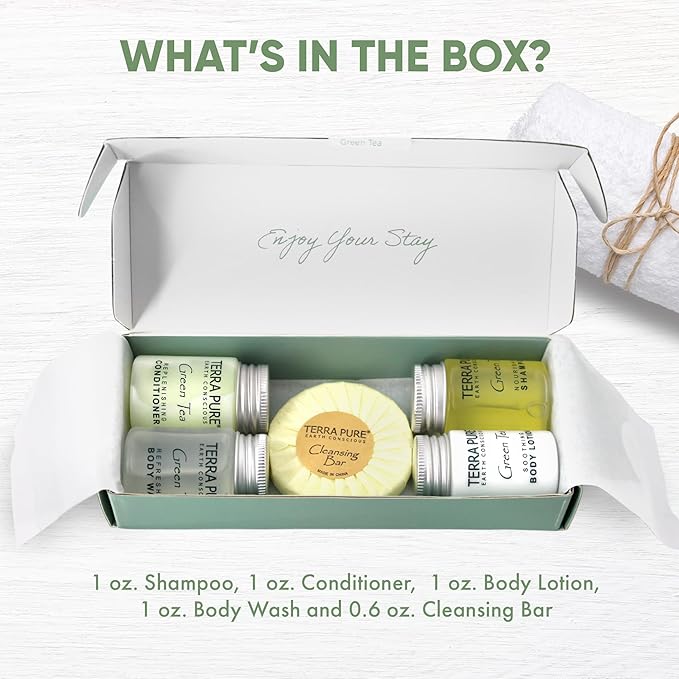 Terra Pure Green Tea Amenity Kit | Boxed Hotel Toiletries | Bulk Set 1oz Travel Size Shampoo, Conditioner, Lotion, Body Wash & Body Bar Soap for Guest Hospitality AirBnB/Vacation Rentals | 1 set/ case-Velvo Beauty
