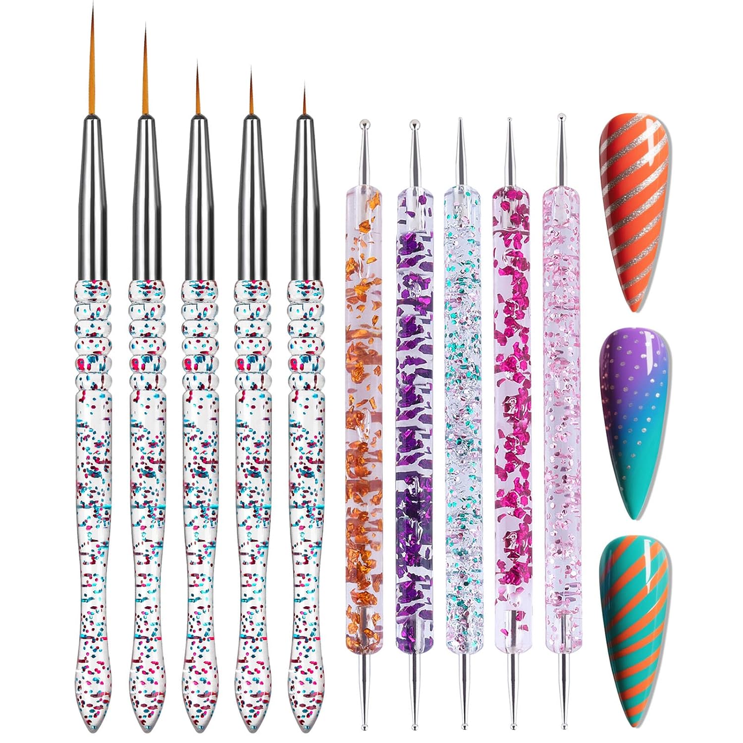 Artdone 10pcs Nail Art Brushes Set, Dotting Tools,Striping Brushes for Long Lines, Thin Details, Sculpting Pattern Tracing Stylus, Ball Embossing Stylu,Fine Drawing Pen For Gel Polish Design Supply-Velvo Beauty