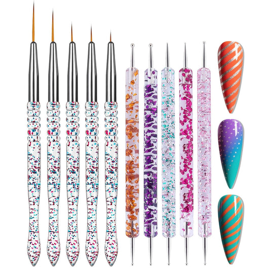 Artdone 10pcs Nail Art Brushes Set, Dotting Tools,Striping Brushes for Long Lines, Thin Details, Sculpting Pattern Tracing Stylus, Ball Embossing Stylu,Fine Drawing Pen For Gel Polish Design Supply-Velvo Beauty