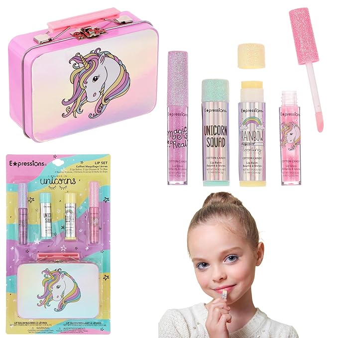 Expressions - 5pc Cosmetics Lip Kit For Kids w/Lip Glosses, Lip Balms & Tin Box Storage Case,I Believe in Unicorns Hologrpahic,Washable + Non Toxic-Velvo Beauty