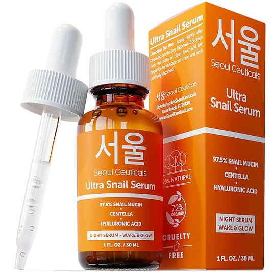 SeoulCeuticals Korean Skin Care 97.5% Snail Mucin Serum – K Beauty Skincare Night Serum Hyaluronic Acid for Face - Centella Anti Wrinkle Serum 1oz-Velvo Beauty