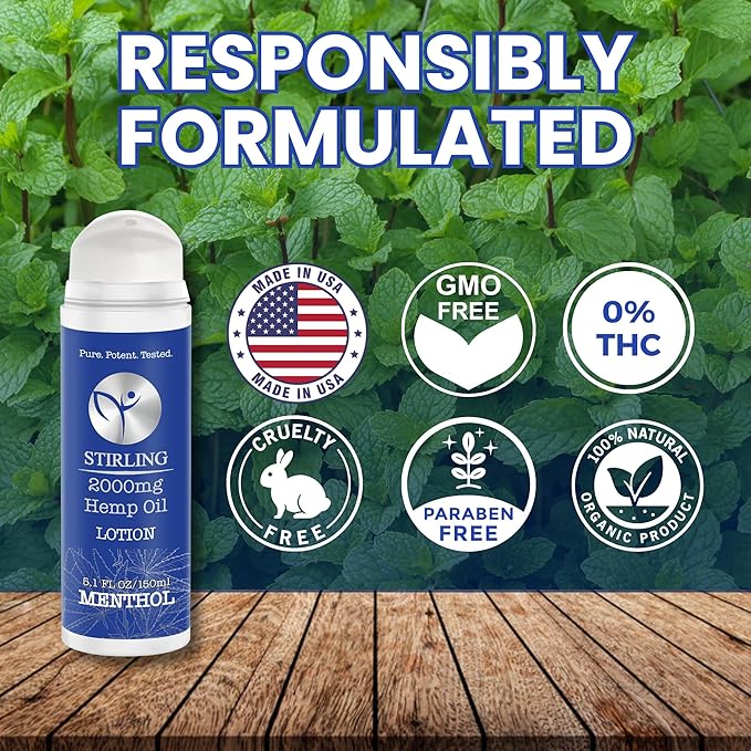 STIRLING Menthol Lotion + Hemp Oil – Maximum strength relief with cooling menthol and 100% pure hemp oil to soothe joints, relax muscles, and hydrate with aloe vera. 5 fl oz. (2000mg, Menthol)-Velvo Beauty