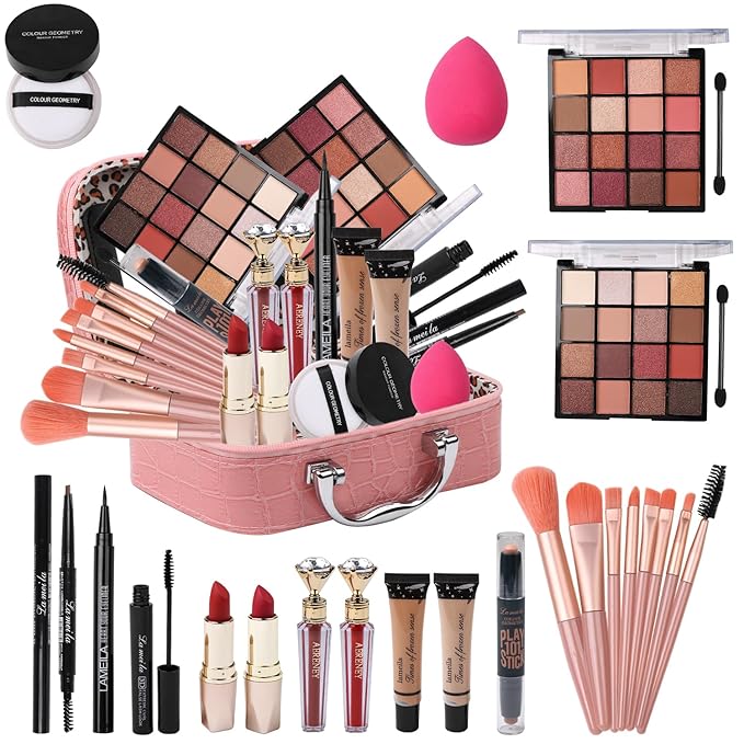 Makeup Kit for Teen Girls,All in One Makeup Kit for 2X16 Colors Eyeshadow Liquid Foundation Eyeliner Pencils Contouring Stick Lip Gloss Eyebrow Pencils 8Pcs Makeup Brushes etc (pink)-Velvo Beauty