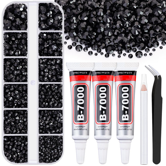 6000Pcs Resin Rhinestones for Bedazzling with 3Pcs B7000 Jewelry Glue, 1 Box Black Flatback Rhinestones for Crafting Crafts DIY, Crystals Gems for Clothing Shoes Tumblers Nail Art Makeup-Velvo Beauty