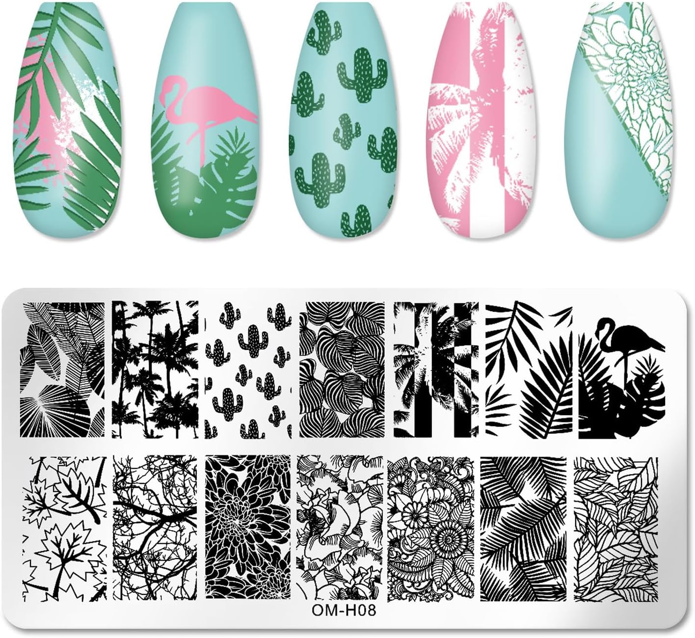 6pcs Nail Art Stamping Plates Set Manicuring Accessories Coconut Tree Leaves Flowers Birds Cactus Island Geometry Image Template for DIY Tips Decoration-Velvo Beauty