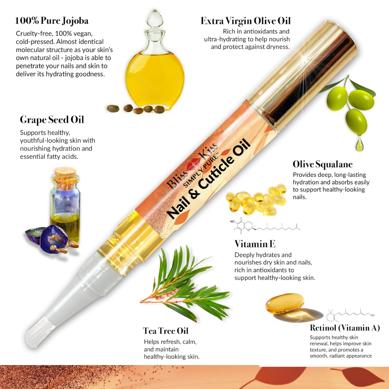 Bliss Kiss | 4 Pumpkin Spice Latte Scent Nail | Oil Cuticle Pen w/Vitamin E & Jojoba⏤Nail Strengthener Nail Growth Serum for Brittle Peeling Breaking Thin Nails-Velvo Beauty