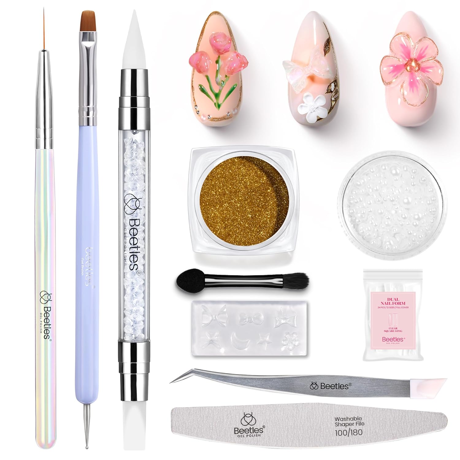 Beetles 3D Nail Art Brushes, Dual-ended Silicone Manicure Tool, Gold Chrome Nail Powder, 15mm Liner Brush, Dotting Tool with Flowers Bowknot Mold, Pearls, for 3D Manicure Design Carving Drawing Effect-Velvo Beauty