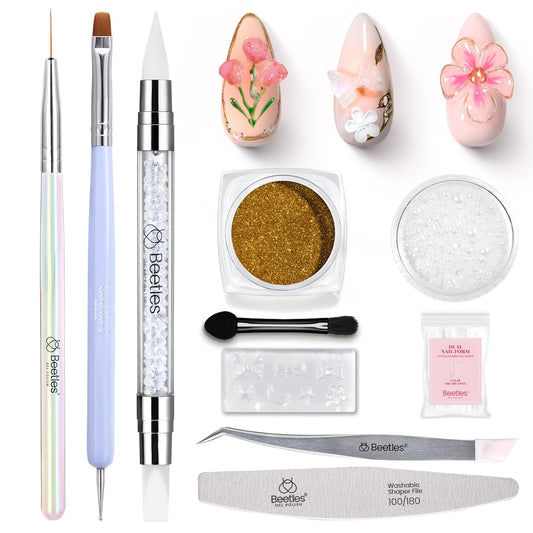 Beetles 3D Nail Art Brushes, Dual-ended Silicone Manicure Tool, Gold Chrome Nail Powder, 15mm Liner Brush, Dotting Tool with Flowers Bowknot Mold, Pearls, for 3D Manicure Design Carving Drawing Effect-Velvo Beauty