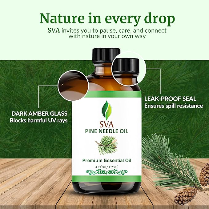 SVA Pine Needle Essential Oil – 4 Fl Oz – 100% Natural Pine Needle Oil - for Diffuser, Hair Care, Face, Skin Care, Aromatherapy, Scalp and Body Massage, Soap and Candle Making – with Dropper-Velvo Beauty