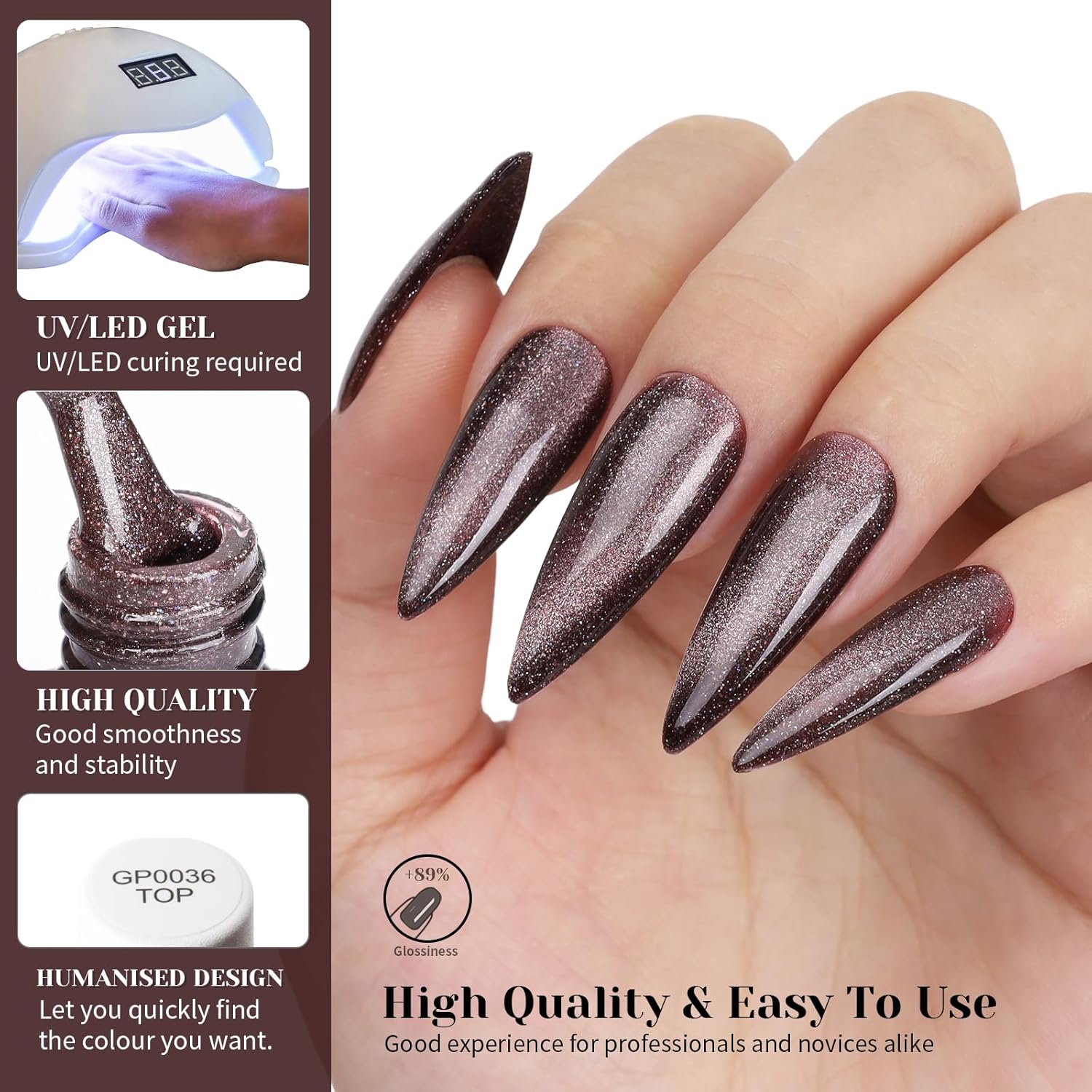 Brown Cat Eye Gel Nail Polish,Brown Reflective Holographic Shimmer Cateye Gel Polish with Magnet,Silver Shimmer Velvet Soak Off Uv Led Home Diy Manicure,Fall Winter Colors GP0104-Velvo Beauty