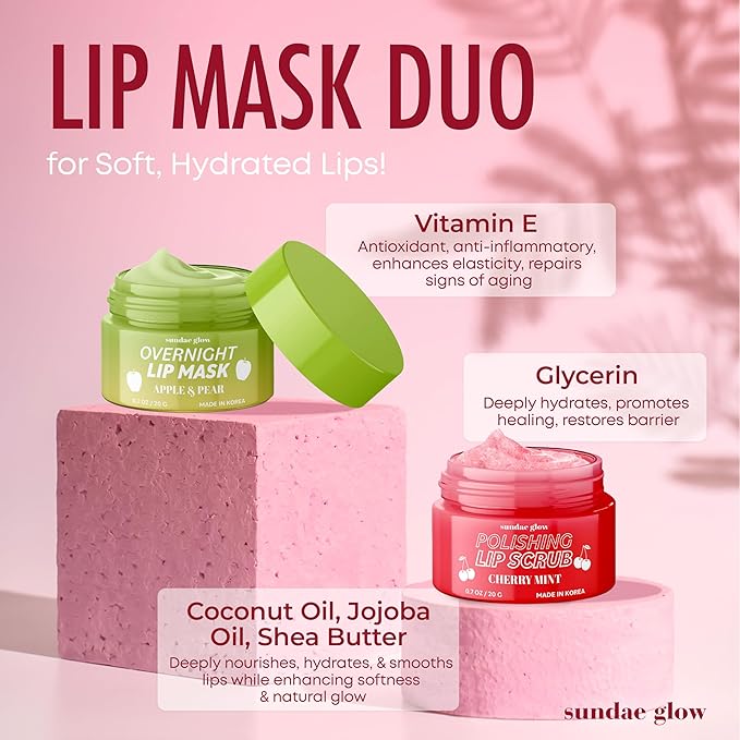 Apple, Pear, Cherry & Mint Lip Mask and Scrub - Dermatologist Tested, Hydrating & Exfoliating, Korean Skin Care, Nourishes, Softens & Brightens Lips - Vegan & Natural - 1 Pack-Velvo Beauty