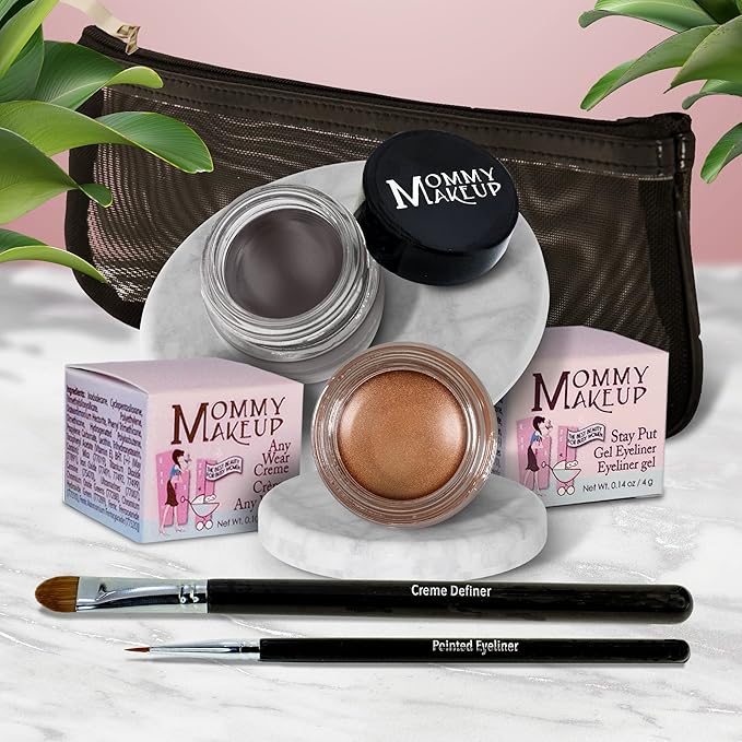 The Everlasting Eye 5 Piece Waterproof Makeup Set. Gel Eyeliner, Creme Eyeshadow, 2 brushes and Mesh Bag. Paraben-free, Talc-free, Cruelty-free. Golden Caramel/Chocolate Kiss 1502-Velvo Beauty