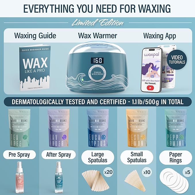 Tress Wellness Waxing Kit for Sensitive Skin – Safe for Face & Skin, Prep & Aftercare Spray, Easy to Use – At-Home Kit for Face, Bikini, Brazilian & Full Body - Digital Display, Blue Water-Velvo Beauty