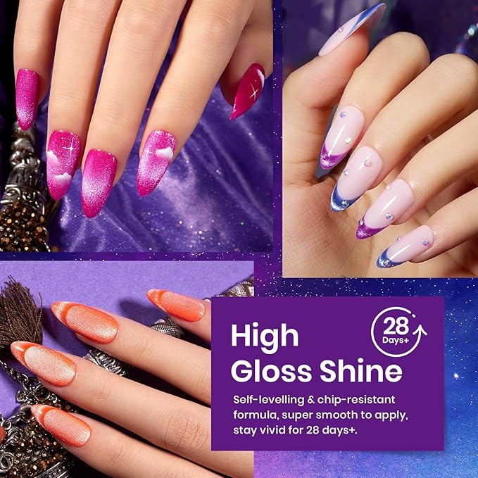 Beetles Cat Eye Gel Nail Polish Set, 6 Colors Summer Neon Holographic Glitter Gel Polish Kit Hot Pink Orange Purple Blue Green Magnetic Nail Polish Soak Off UV French Nail Art Gift for Women-Velvo Beauty