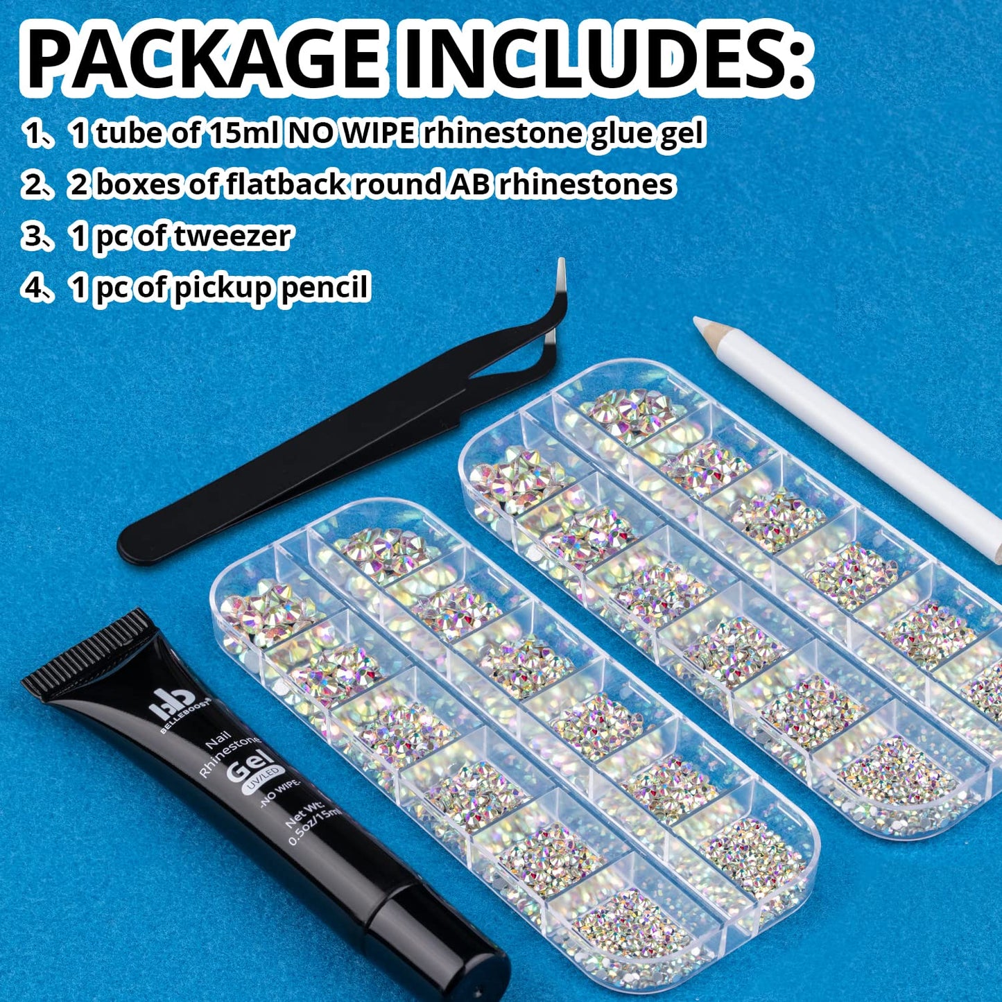 Nail Art Rhinestone Glue Gel&2 Boxes Flatback Gems Kit, 1 Tube of 15ml Rhinestone Gel Glue(UV/LED Needed)+Crystal AB Gems with Pickup Tools-Velvo Beauty