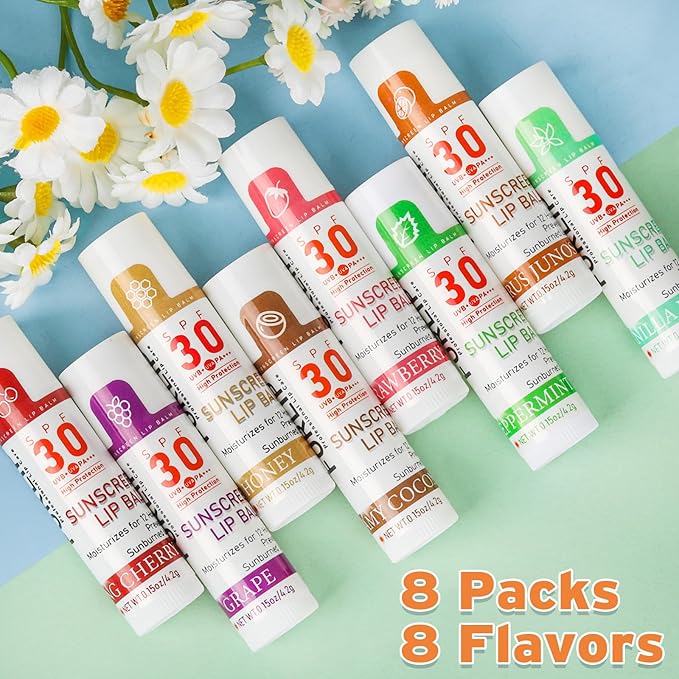 SPF 30 Lip Balm with Sunscreen 8 Pack, Bulk Sunscreen Lip Balm Travel Size, Hydrating Lip Balm with Vitamin E and Coconut Oil- 8 Flavors-Velvo Beauty