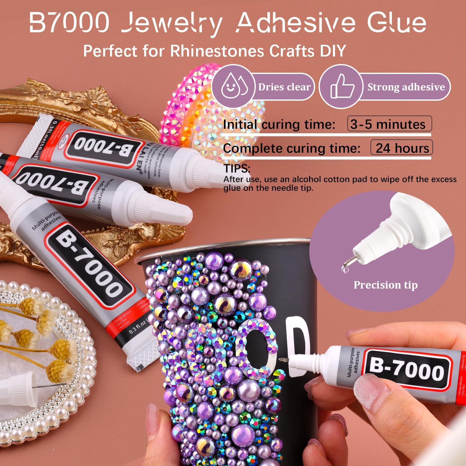 80g Flatback Pearls and Rhinestones for Crafting, Purple 3-10mm Resin Rhinestones and Half Pearls for Bedazzling, Nail Art and Dec with 3pcs 10ml B7000 Jewelry Glue, Tweezer and Pickup Pencil-Velvo Beauty