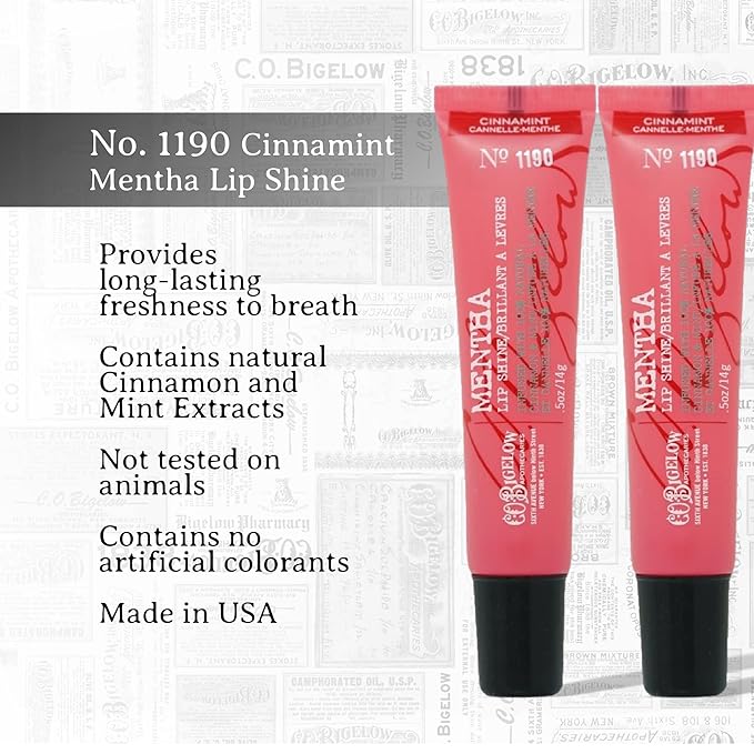 C.O. Bigelow Cinnamint Mentha Lip Shine Balm Tubes, Pack of 3 Bulk Lip Gloss with Cinnamon & Peppermint Oil, High Gloss Shine Finish, 0.5 oz-Velvo Beauty