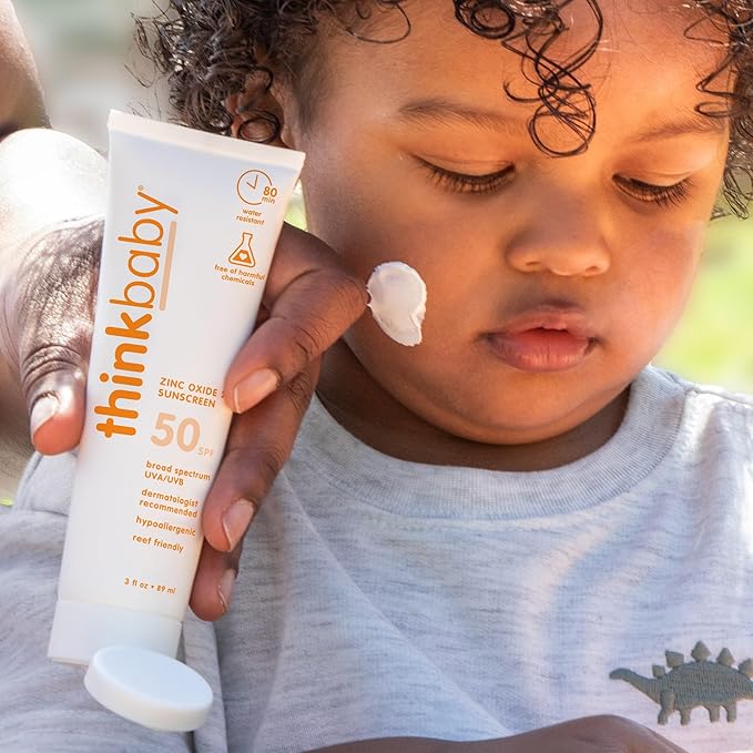 Thinkbaby SPF 50+ Baby Mineral Sunscreen – Safe, Natural Sunblock for Babies - Water Resistant Sun Cream – Broad Spectrum UVA/UVB Sun Protection – Vegan Baby Sunscreen Lotion, 3 Oz.-Velvo Beauty