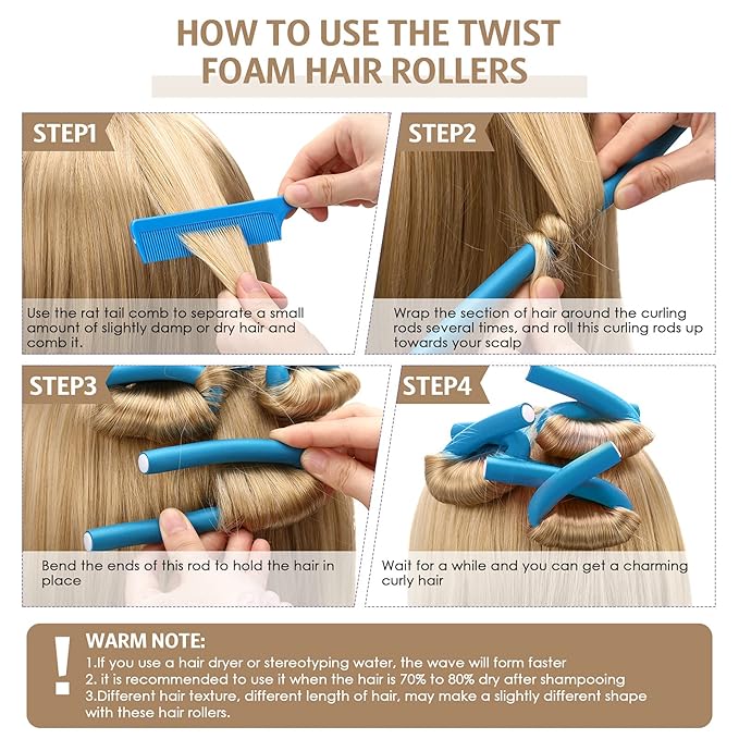 Syhood 30 Pieces Flexible Curling Rods Twist Hair Rollers Soft Foam Rods No Heat and 1 Pcs Steel Rat Tail Comb for Women Long and Short Hair(7 x 0.7 Inch,Blue)-Velvo Beauty