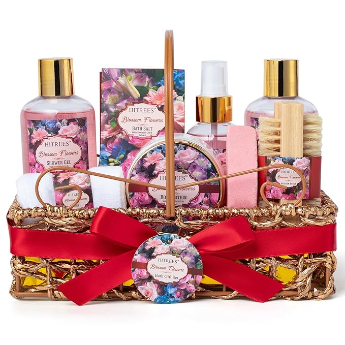 Spa Gift Basket for Women, ROSE & JASMINE Friendship Gifts Women, Tote Bag, Shower Gel, Hand & Body Cream, Hitrees Bath Gift Set for Her, Mom, Mothers Day-Velvo Beauty