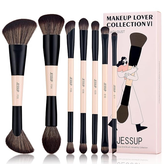 Jessup Makeup Brushes Set 7pcs Double Sided Makeup Brushes for Foundation Concealer Blush Eyeshadow Contour Bronzer Powder Blending Eyebrow Eyeliner, Cruelty-Free Make up Brushes Peach Dust T600-Velvo Beauty